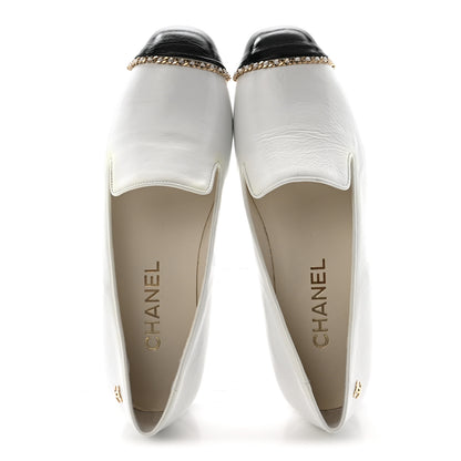 Chanel Patent Cap Toe Chain Moccasin Loafers 37 White Black 2 of 10
