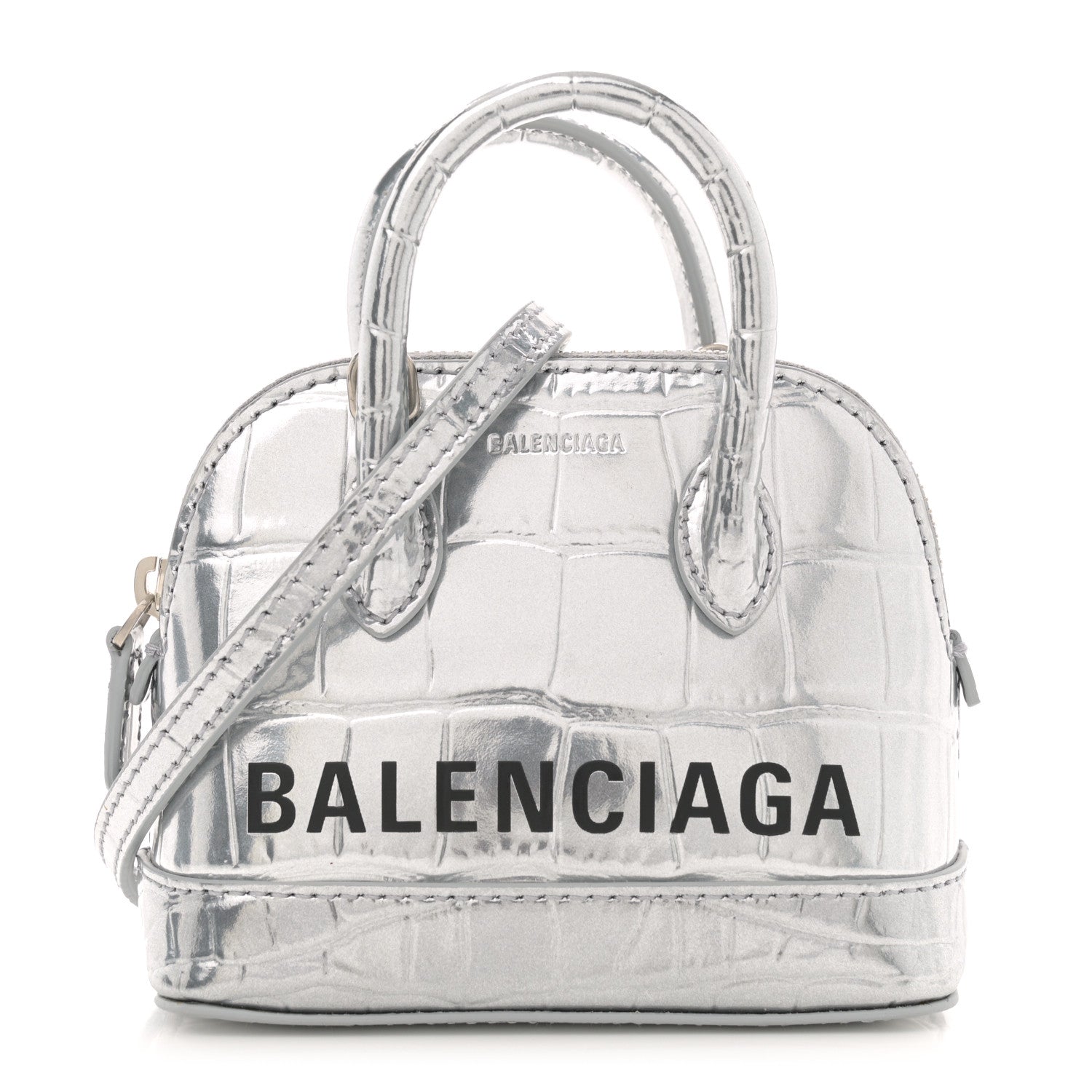 Balenciaga Metallic Calfskin Logo Crocodile Embossed Mini Ville Top Handle Bag Silver Black 1 of 11