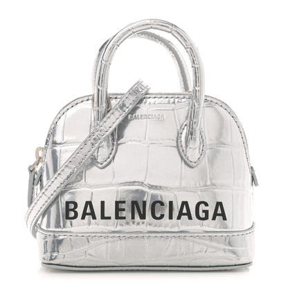 Balenciaga Metallic Calfskin Logo Crocodile Embossed Mini Ville Top Handle Bag Silver Black 1 of 11