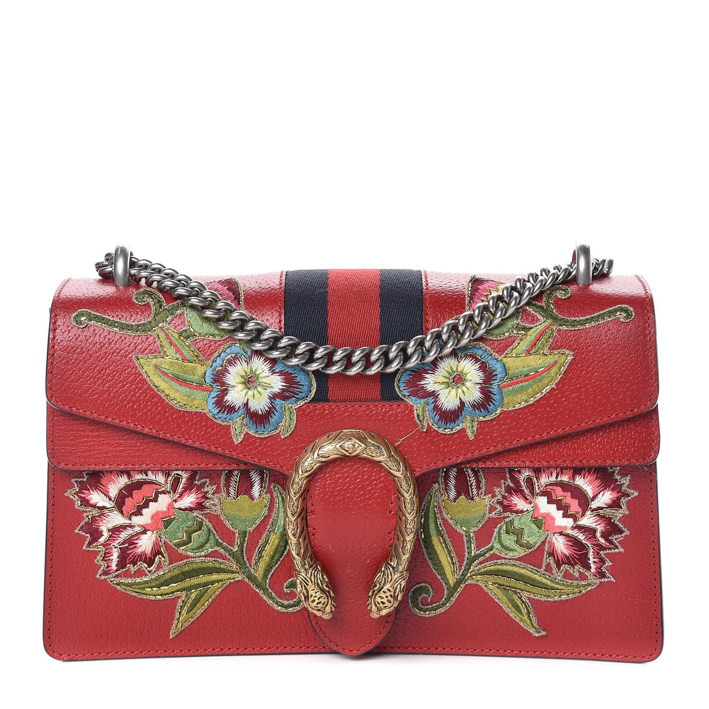 Calfskin Web Floral Embroidered Small Dionysus Shoulder Bag Hibiscus Red
