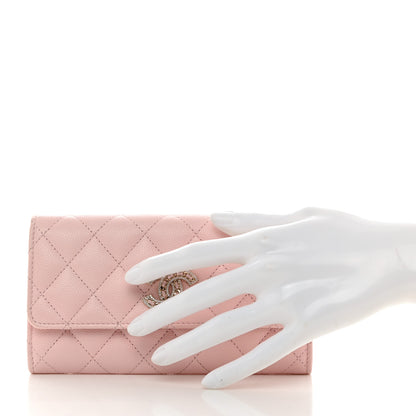 Chanel Caviar Quilted Crystal CC Large Gusset Flap Wallet Pink 2 of 8