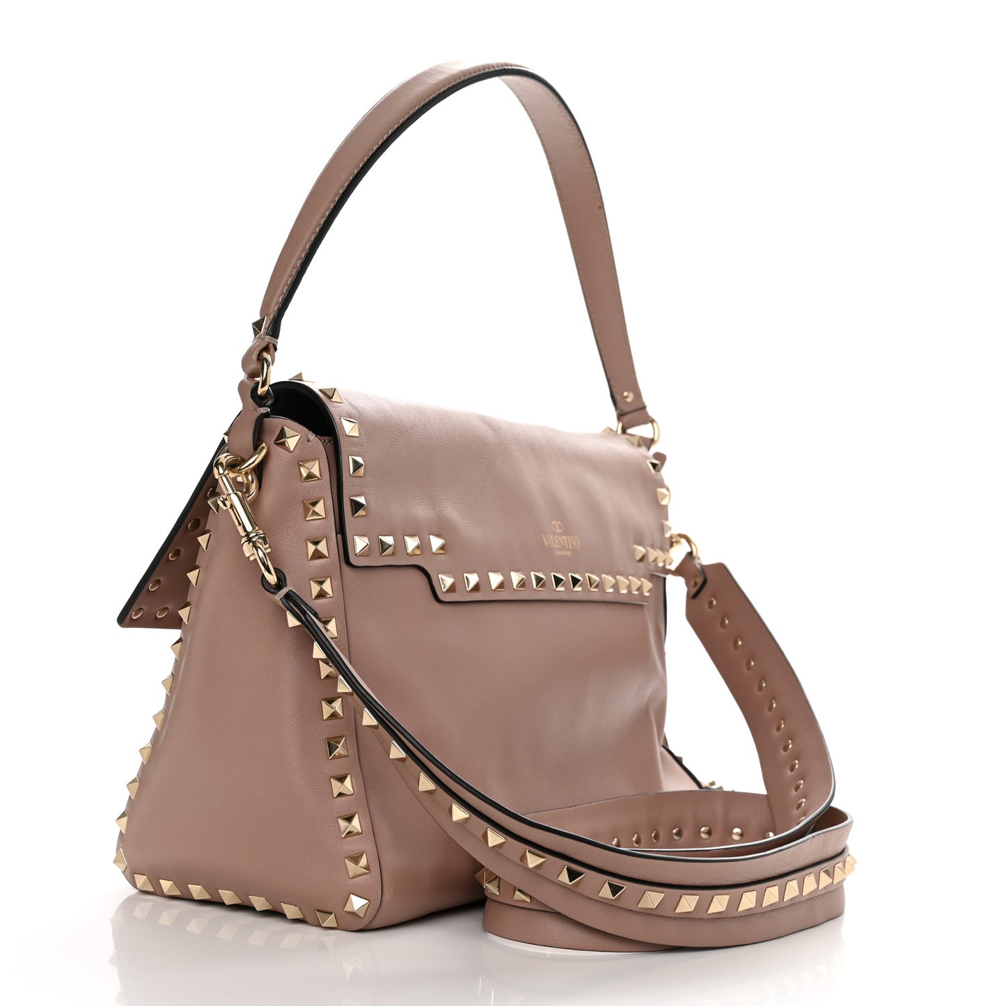 Smooth Calfskin Rockstud Top Handle Shoulder Bag Poudre
