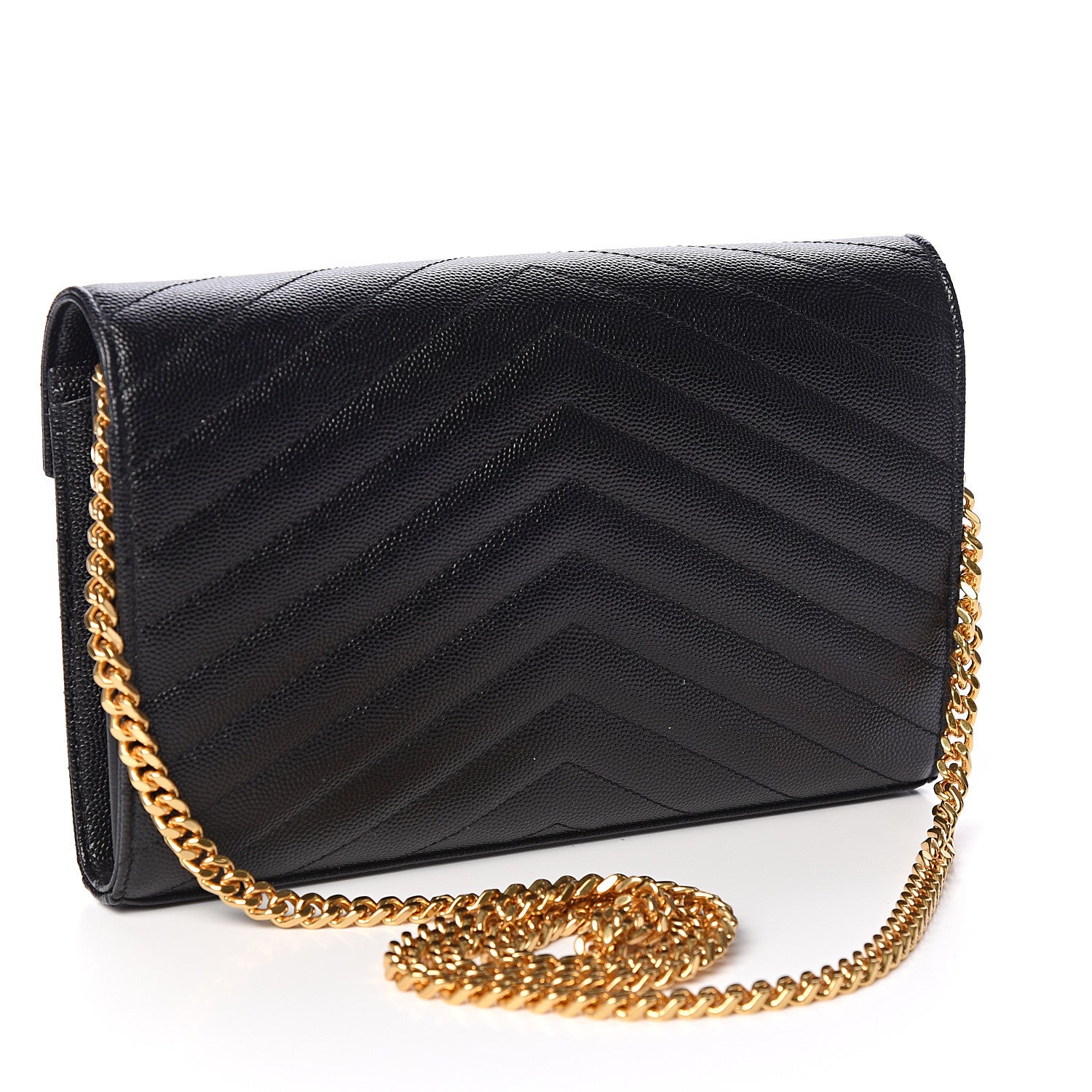 Saint Laurent Grain De Poudre Matelasse Chevron Monogram Chain Wallet Black 2 of 10