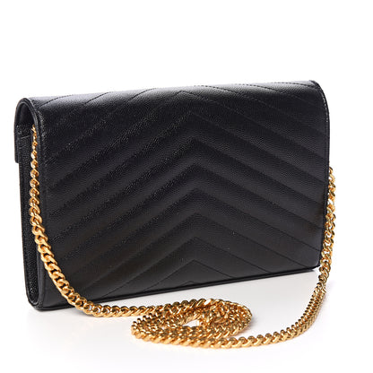 Saint Laurent Grain De Poudre Matelasse Chevron Monogram Chain Wallet Black 2 of 10