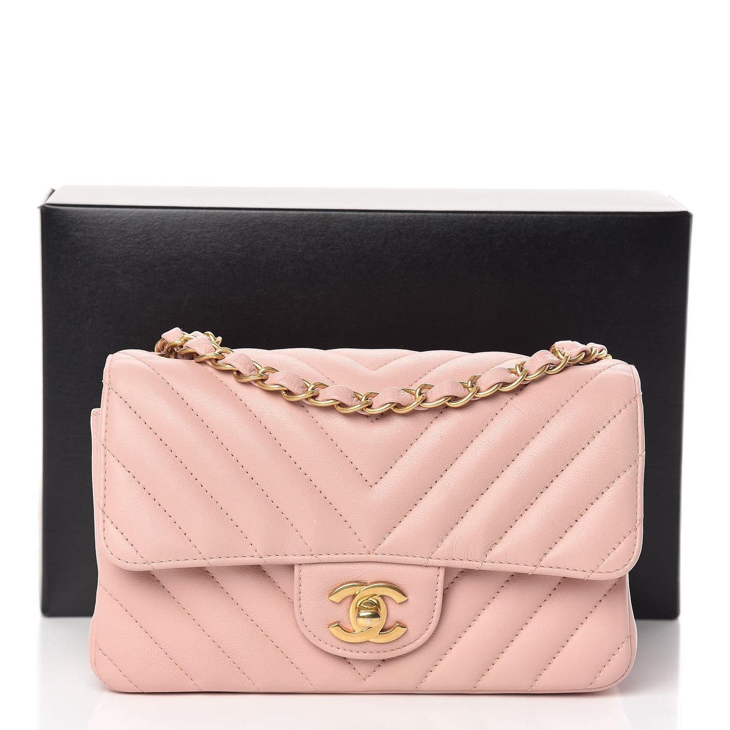 Calfskin Chevron Quilted Mini Rectangular Flap Light Pink