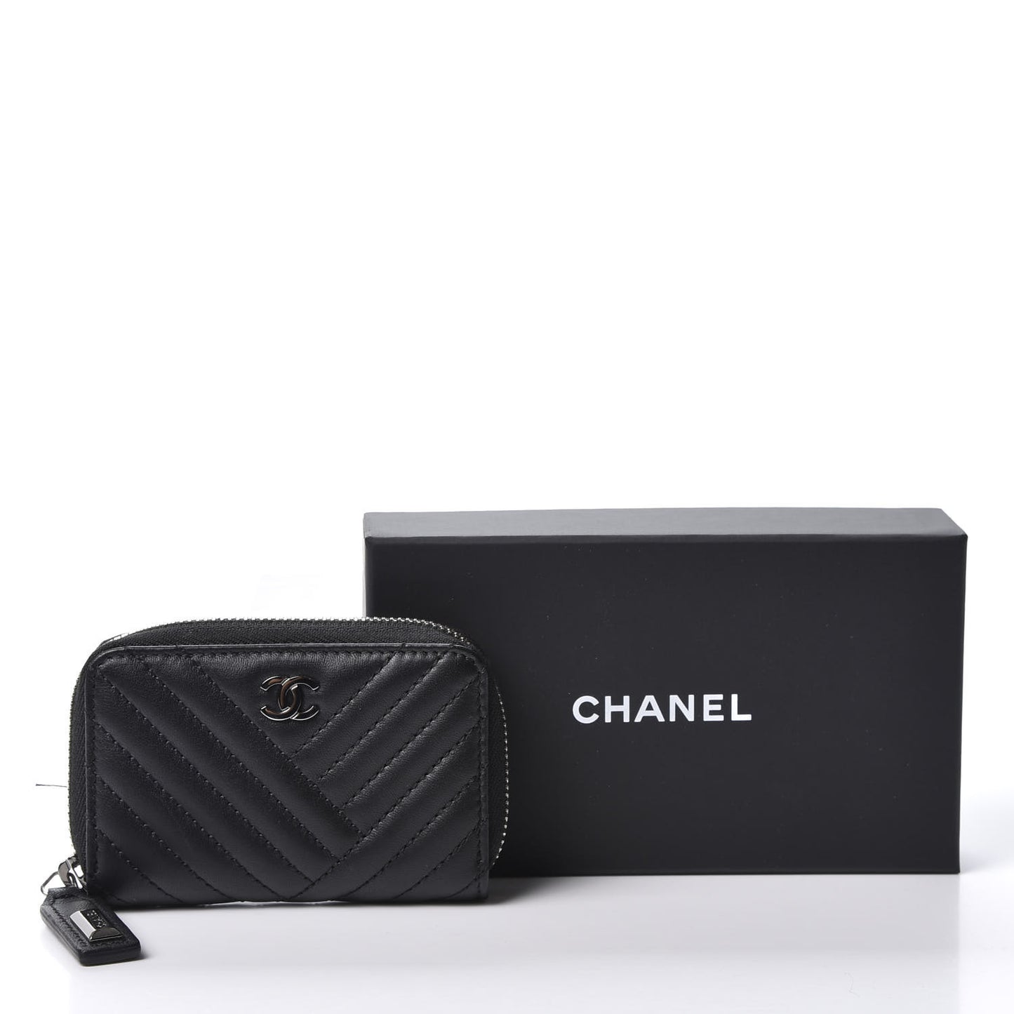 Lambskin Chevron Zip Around Coin Purse Wallet Black