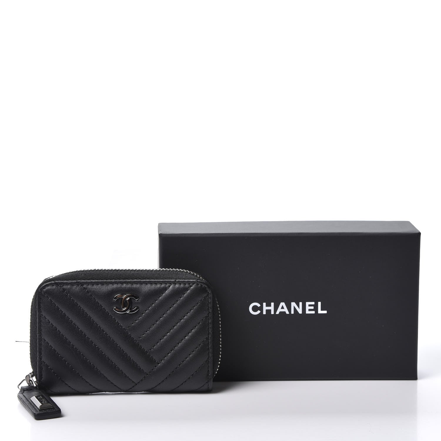 Chanel Lambskin Chevron Zip Around Coin Purse Wallet Black 10 of 10