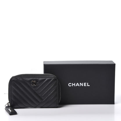 Chanel Lambskin Chevron Zip Around Coin Purse Wallet Black 10 of 10