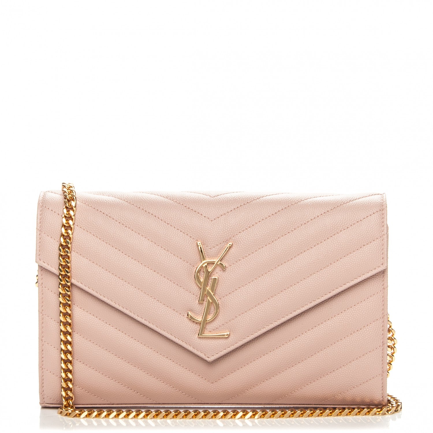 Saint Laurent Grain De Poudre Matelasse Chevron Monogram Chain Wallet Pale Pink 1 of 7