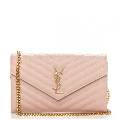 Saint Laurent Grain De Poudre Matelasse Chevron Monogram Chain Wallet Pale Pink 1 of 7