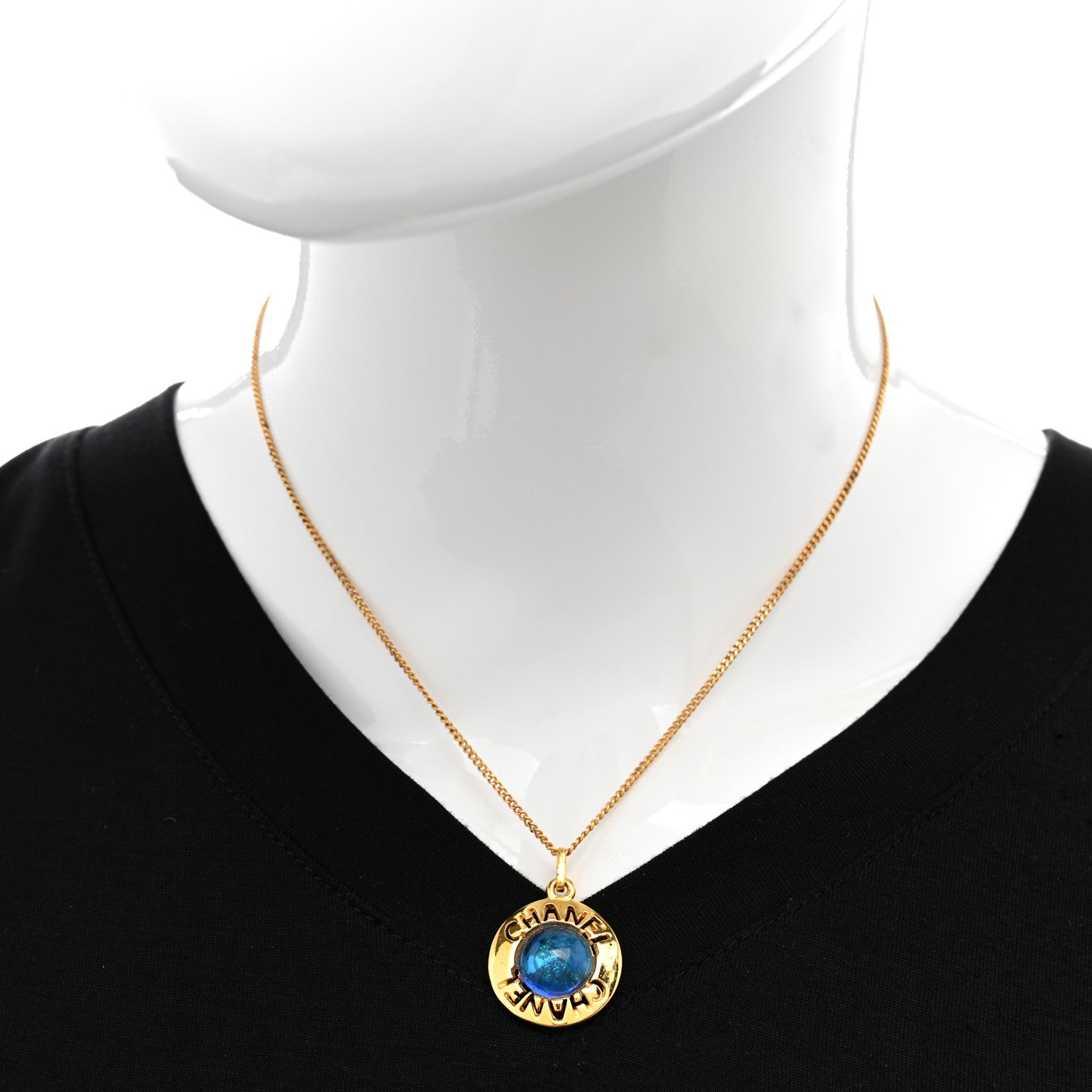 Chanel Metal Gripoix Poured Glass Pendant Necklace Gold Blue 2 of 8