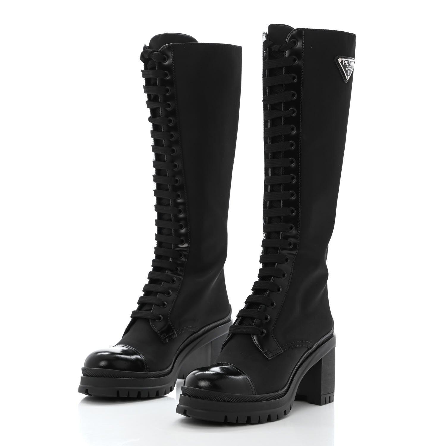 Prada Re-Nylon Spazzolato Metal Triangle Logo Tall 55mm Combat Boots 38 Black 3 of 9
