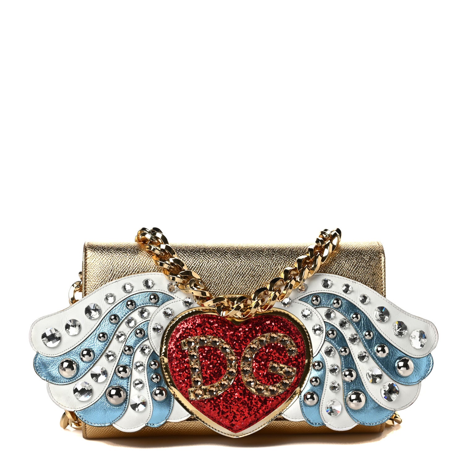 Dolce & Gabbana Metallic Calfskin Crystal Embellished DG Wing Shoulder Bag Gold Multicolor 1 of 8