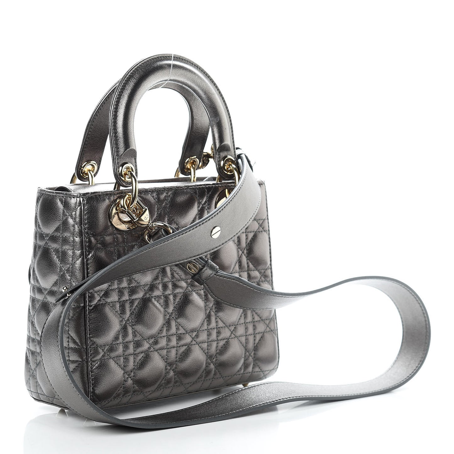 Metallic Grained Calfskin Cannage Small Lady Dior Gunmetal
