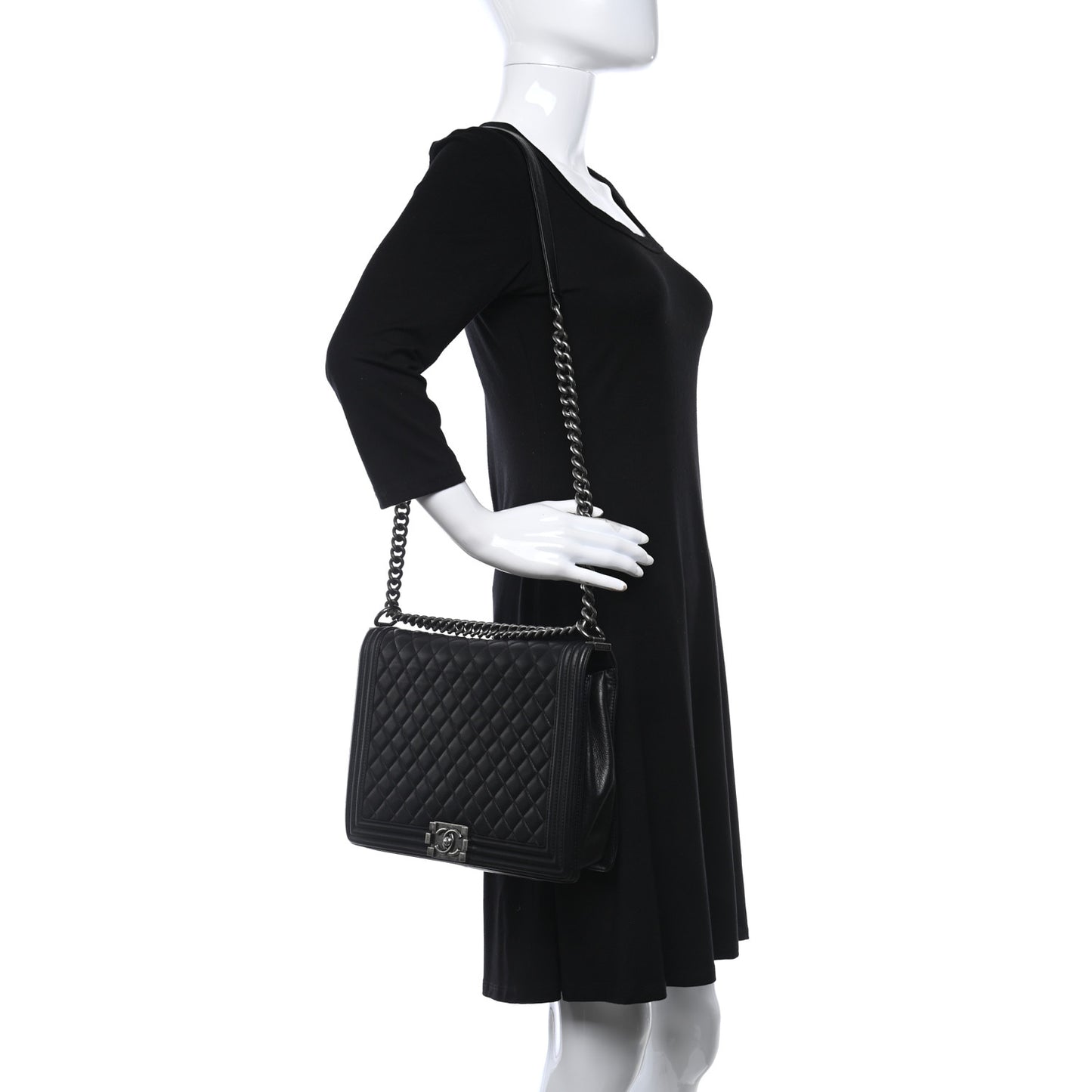 Calfskin Quilted Large Boy Flap Black