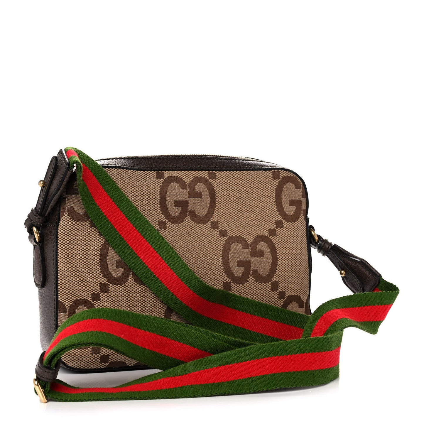 Monogram Jumbo GG Textured Dollar Calfskin Web Messenger Shoulder Bag Camel Ebony New Acero