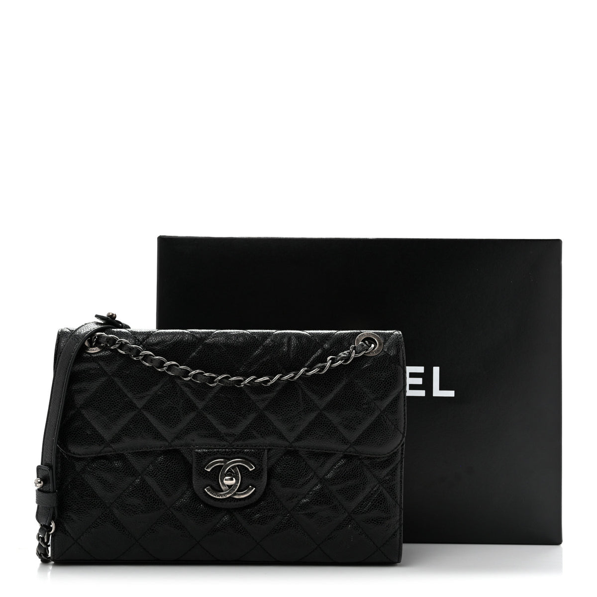 Crumpled Grained Calfskin Medium CC Crave Flap Black