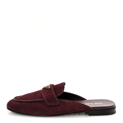 Prada Suede Metal Triangle Logo 10mm Loafer Mules 38.5 Bordeaux 1 of 9