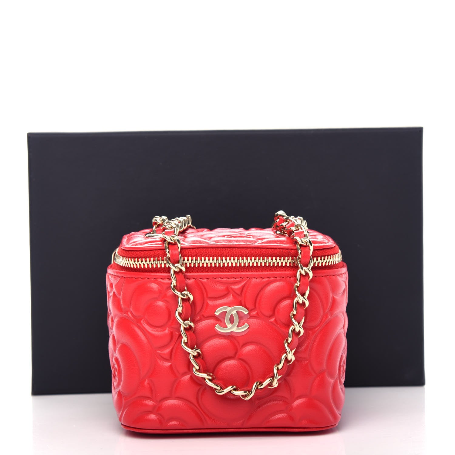 Chanel Lambskin Camellia Embossed Mini Vanity Case With Chain Red 11 of 11
