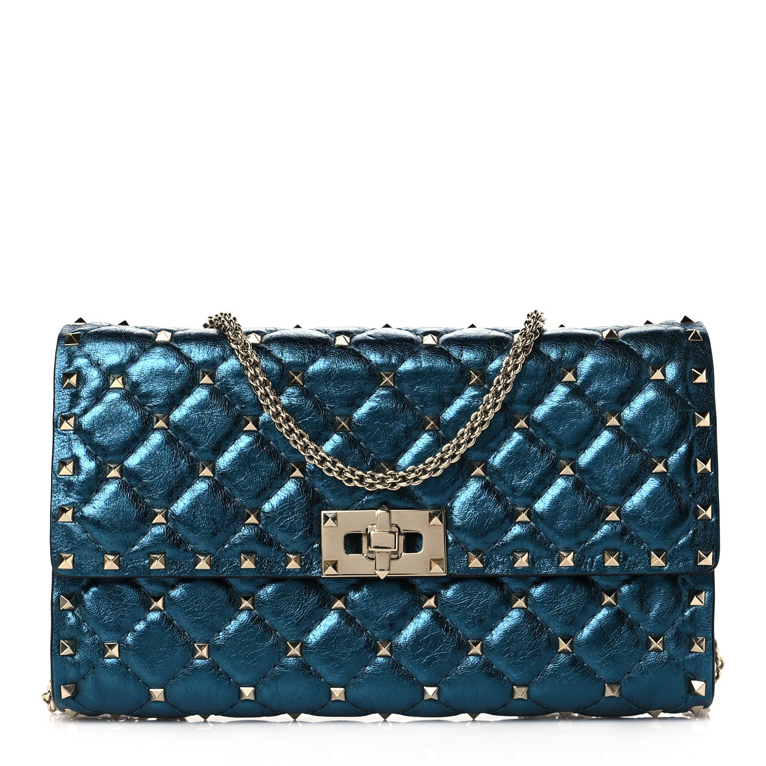 Valentino Garavani Metallic Wrinkled Lambskin Rockstud Spike Wallet On Chain Peacock 1 of 8