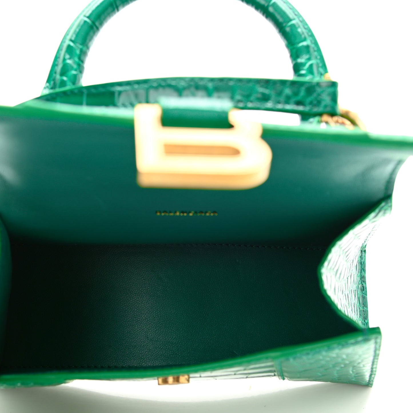 Shiny Calfskin Crocodile Embossed Hourglass Top Handle Bag XS Jade