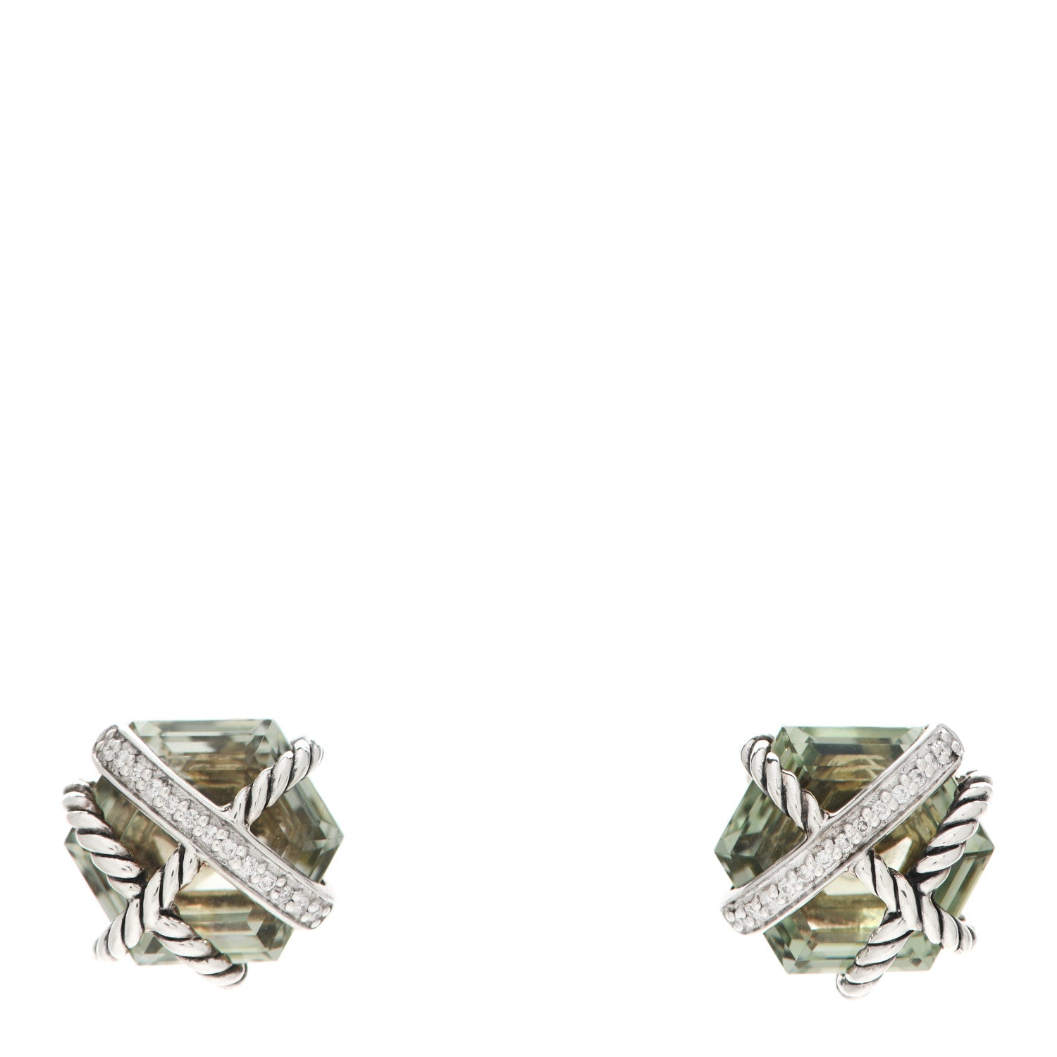 David Yurman Sterling Silver Diamond Prasiolite 10mm Cable Wrap Earrings 1 of 5