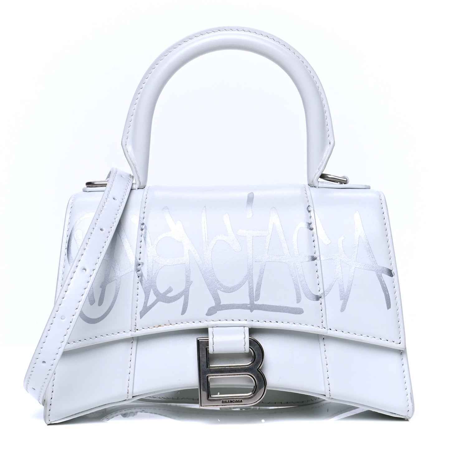 Box Calfskin Graffiti Logo Hourglass Top Handle Bag XS White Light Silver