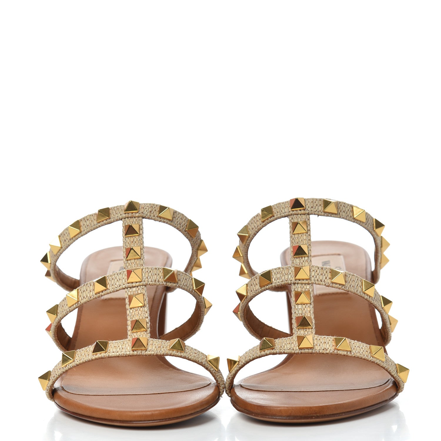 Valentino Garavani Raffia Calfskin Rockstud 60mm Caged Slide Sandals 37 Naturale 2 of 9