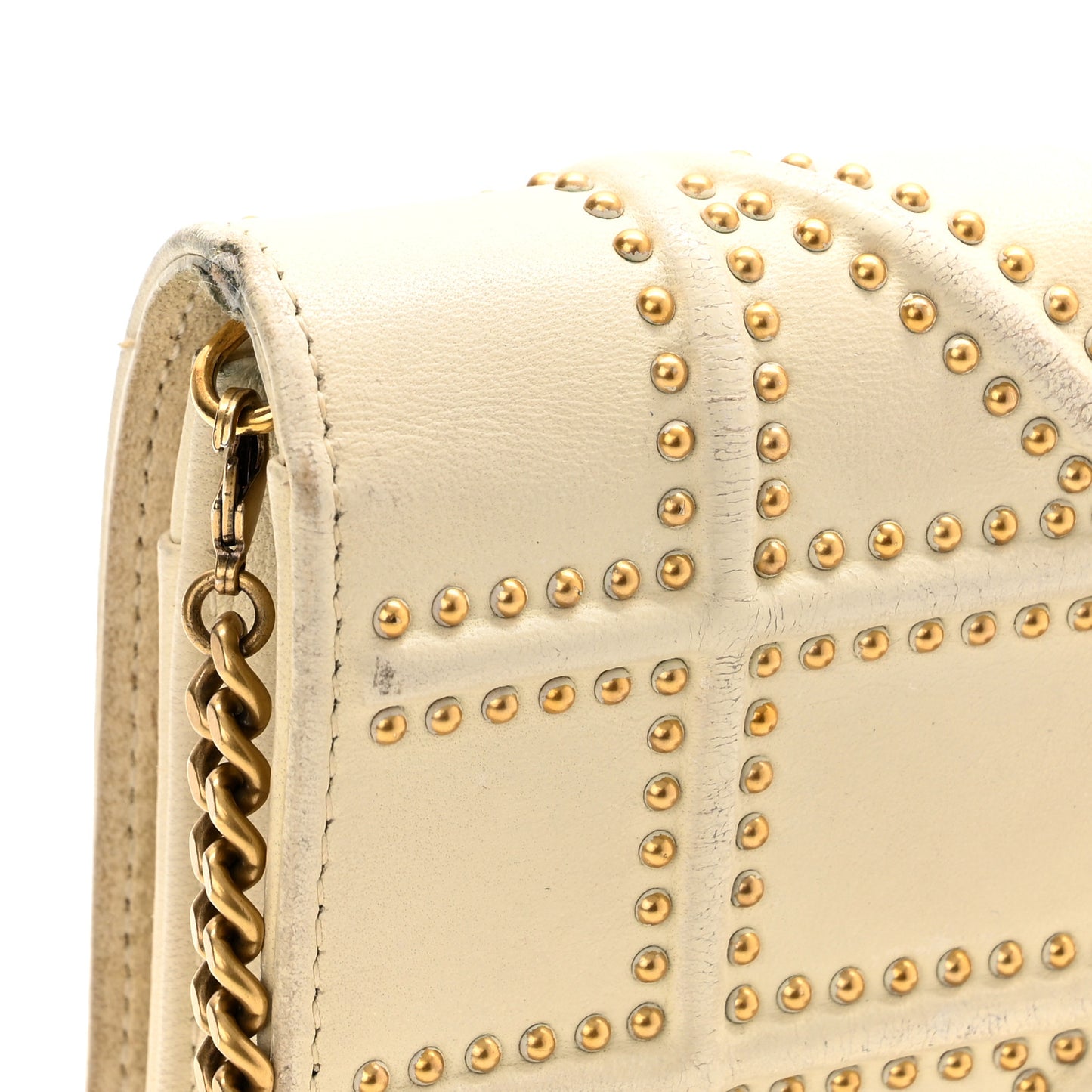 Lambskin Studded Diorama Wallet on Chain Pouch Off White