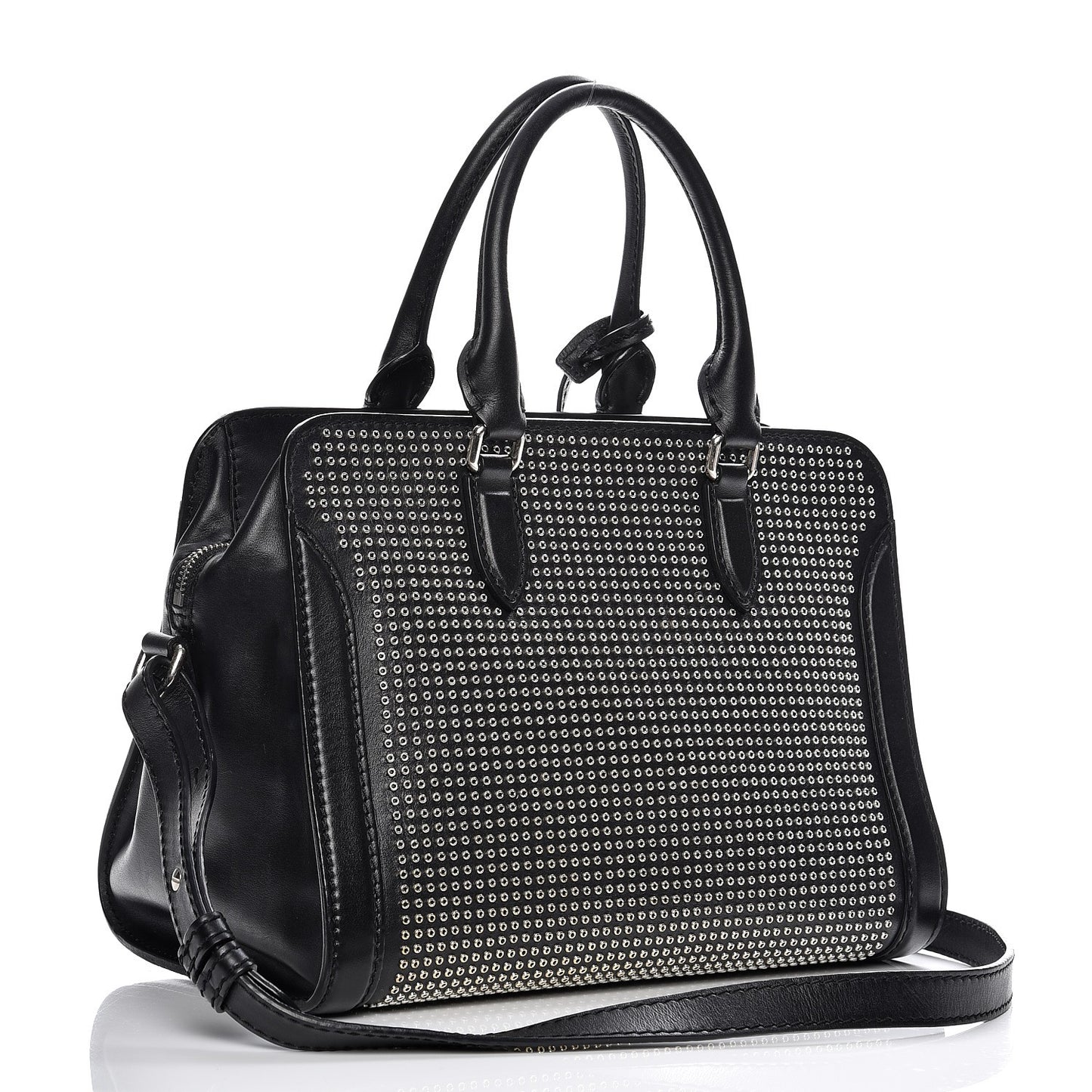 Calfskin Small Studded Padlock Zip Around Tote Black