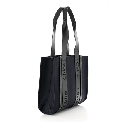 Chloe Calfskin Linen Medium Woody Tote Deep Denim 3 of 10