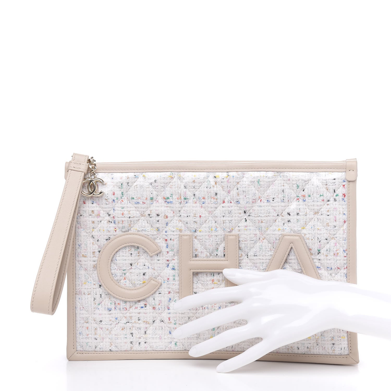 Chanel Tweed PVC Lambskin Wristlet Pouch Beige 2 of 11