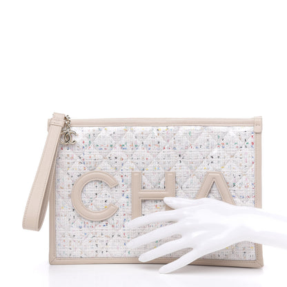 Chanel Tweed PVC Lambskin Wristlet Pouch Beige 2 of 11