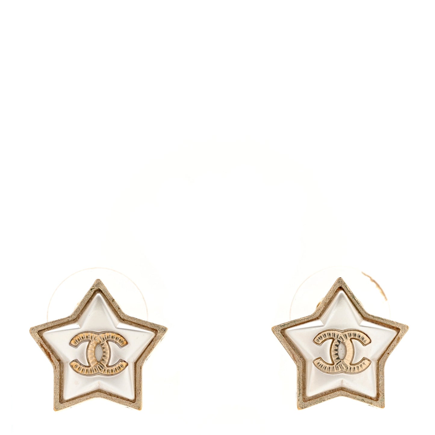 Resin Metal CC Star Earrings Gold Pearly White