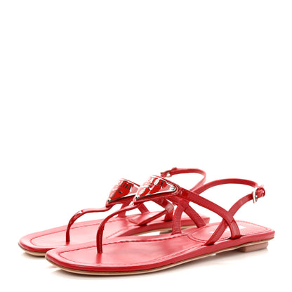 Prada Vernice Metal Triangle Logo Slingback Flat Thong Sandals 36 Rosso 3 of 7
