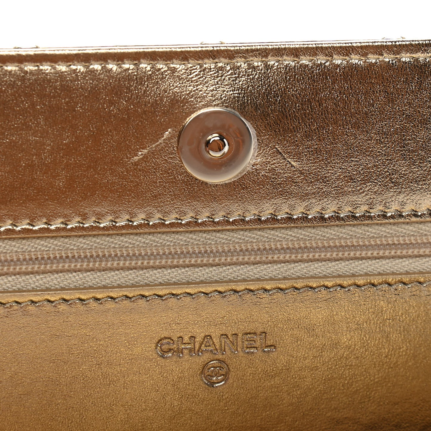 Hammered Metallic Calfskin Quilted Wallet On Chain WOC Gold