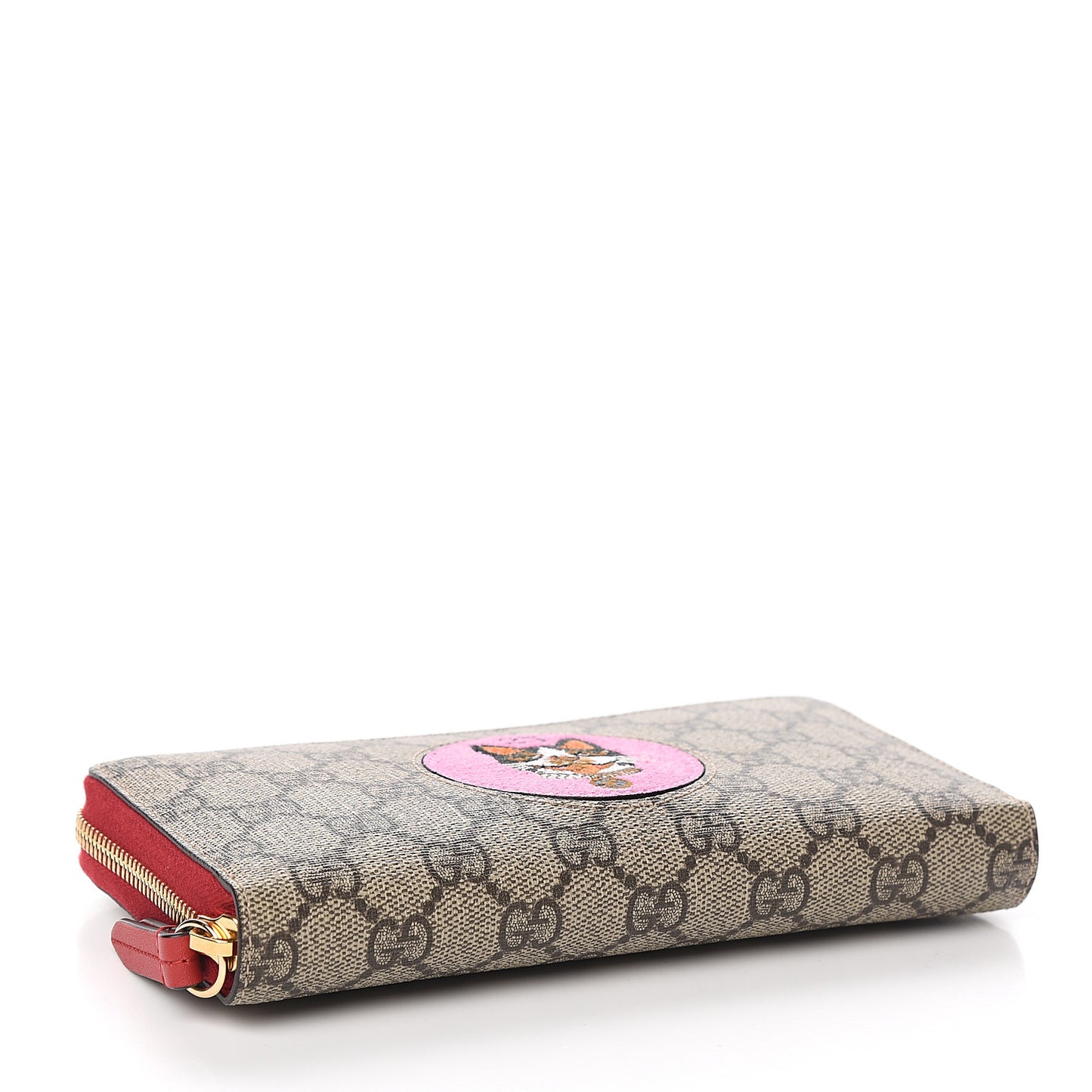 GG Supreme Monogram Bosco Patch Zip Around Wallet Beige Malva Hibiscus Red