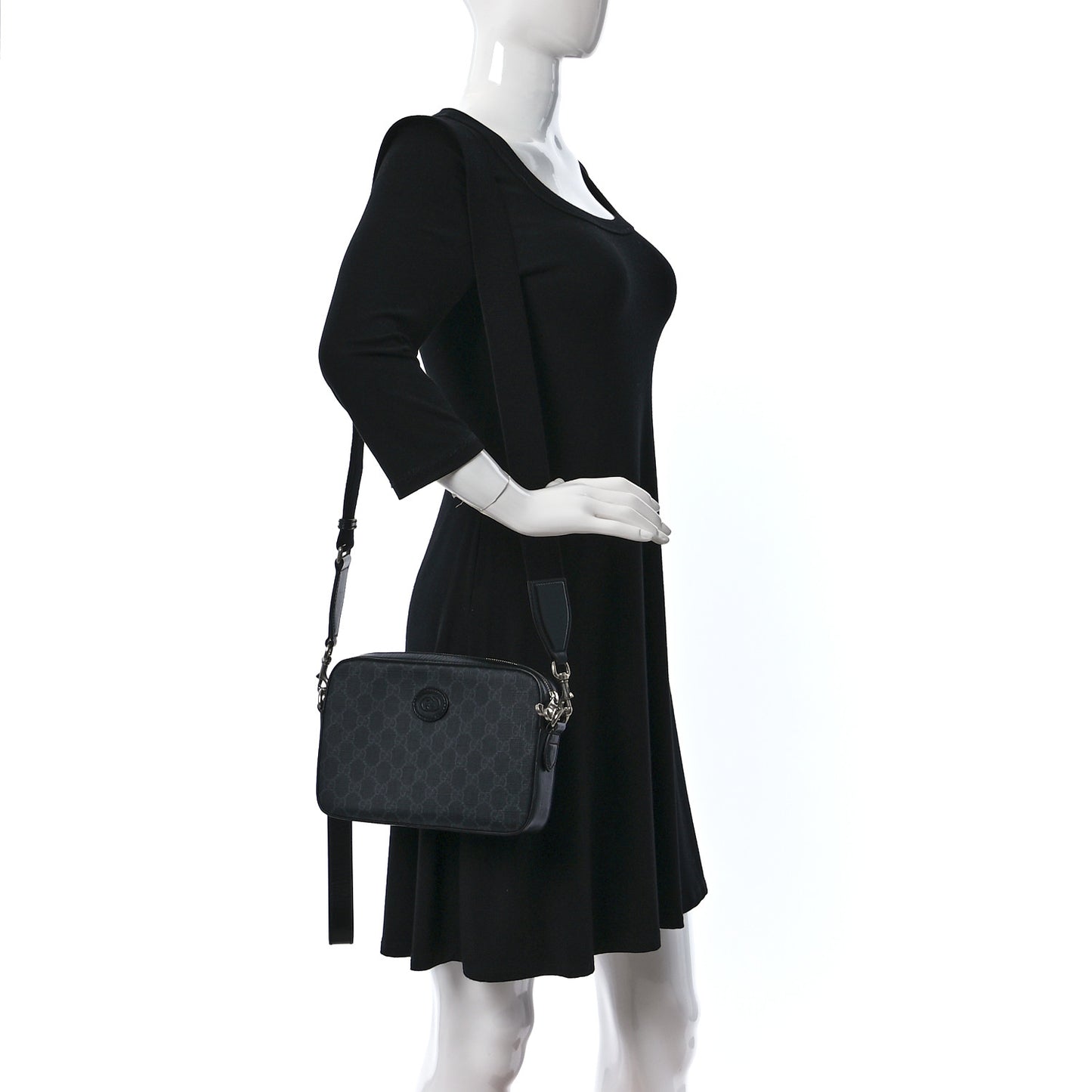 GG Supreme Monogram Azalea Calfskin Retro Interlocking G Wristlet Shoulder Bag Black
