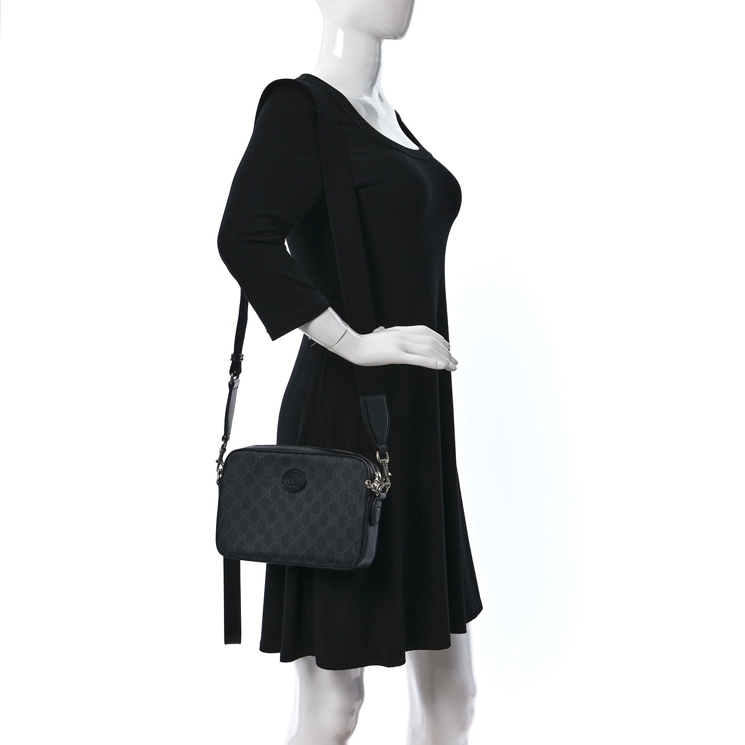 Gucci GG Supreme Monogram Azalea Calfskin Retro Interlocking G Wristlet Shoulder Bag Black 2 of 9