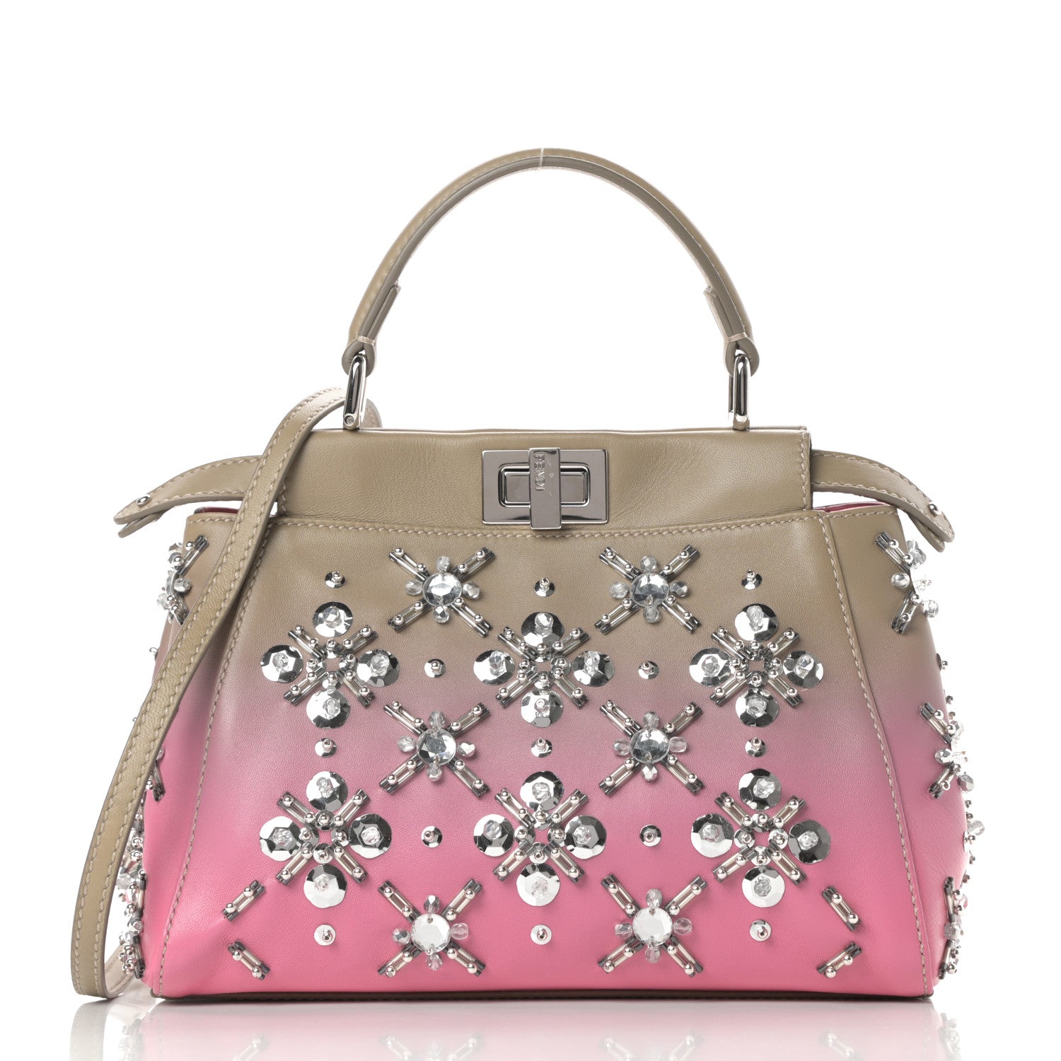 Fendi Nappa Crystal Beaded Ombre Mini Peekaboo Iconic Satchel Pink Beige 3 of 14