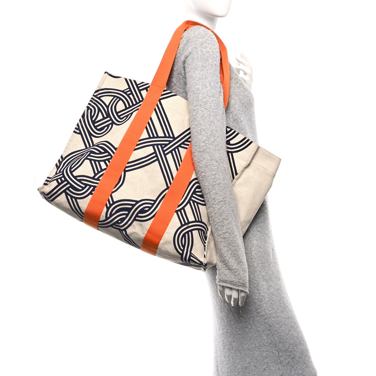 Hermes Cotton Canvas Noeuds Marins Beach Bag Orange Camel 2 of 10