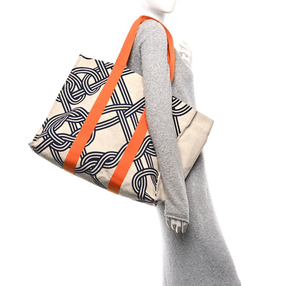 Hermes Cotton Canvas Noeuds Marins Beach Bag Orange Camel 2 of 10