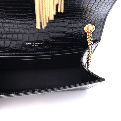 Saint Laurent Calfskin Crocodile Embossed Small Classic Monogram Kate Tassel Satchel Black 4 of 4