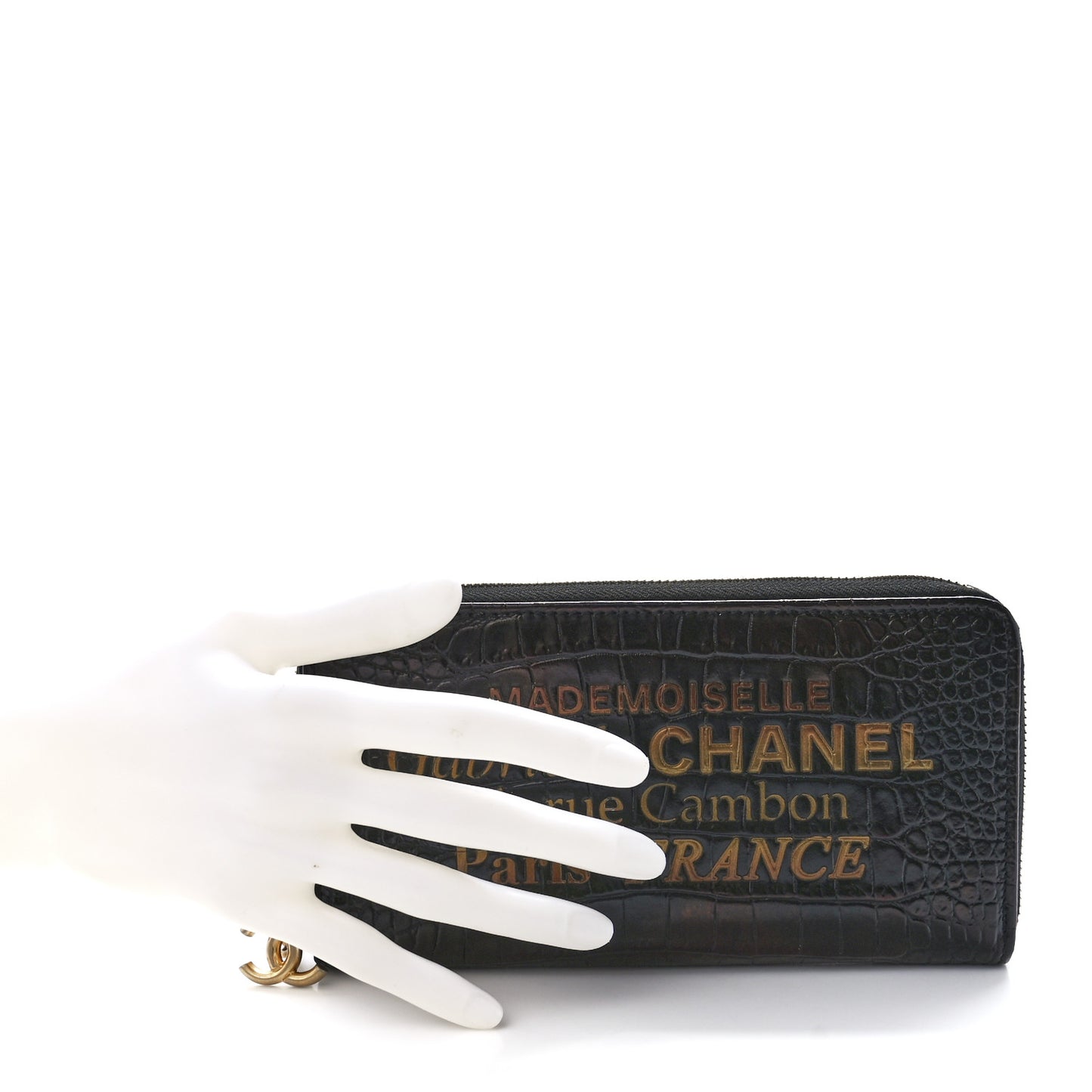 Calfskin Crocodile Embossed Mademoiselle Gabrielle Zip Wallet Black Gold