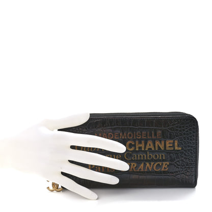 Chanel Calfskin Crocodile Embossed Mademoiselle Gabrielle Zip Wallet Black Gold 2 of 12