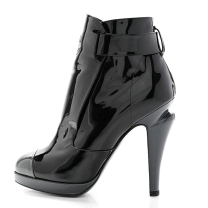 Chanel Patent Calfskin Cap Toe Ankle Boots 38.5 Black 1 of 14