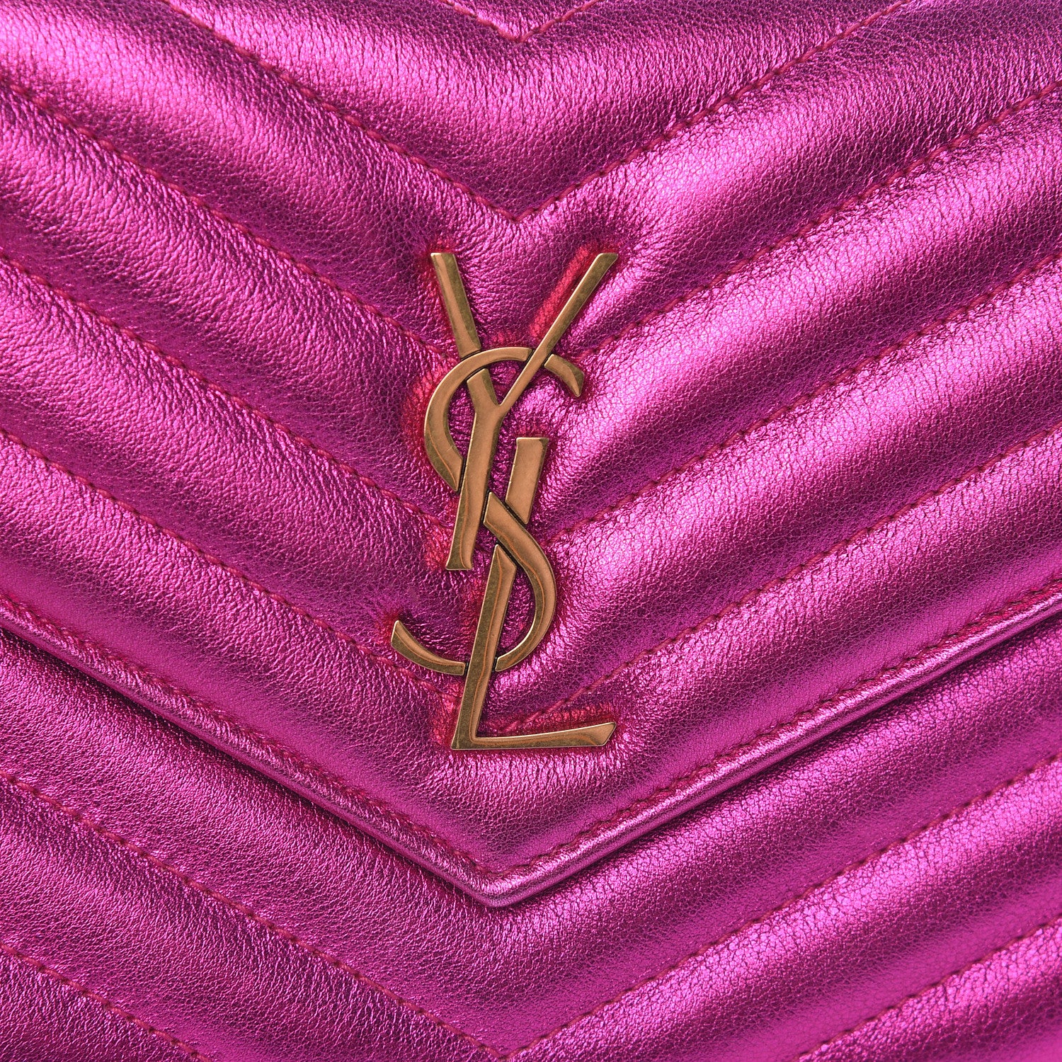 Saint Laurent Metallic Calfskin Matelasse Chevron Monogram Envelope Chain Wallet Fuchsia 10 of 10