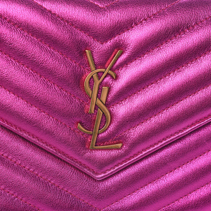Saint Laurent Metallic Calfskin Matelasse Chevron Monogram Envelope Chain Wallet Fuchsia 10 of 10