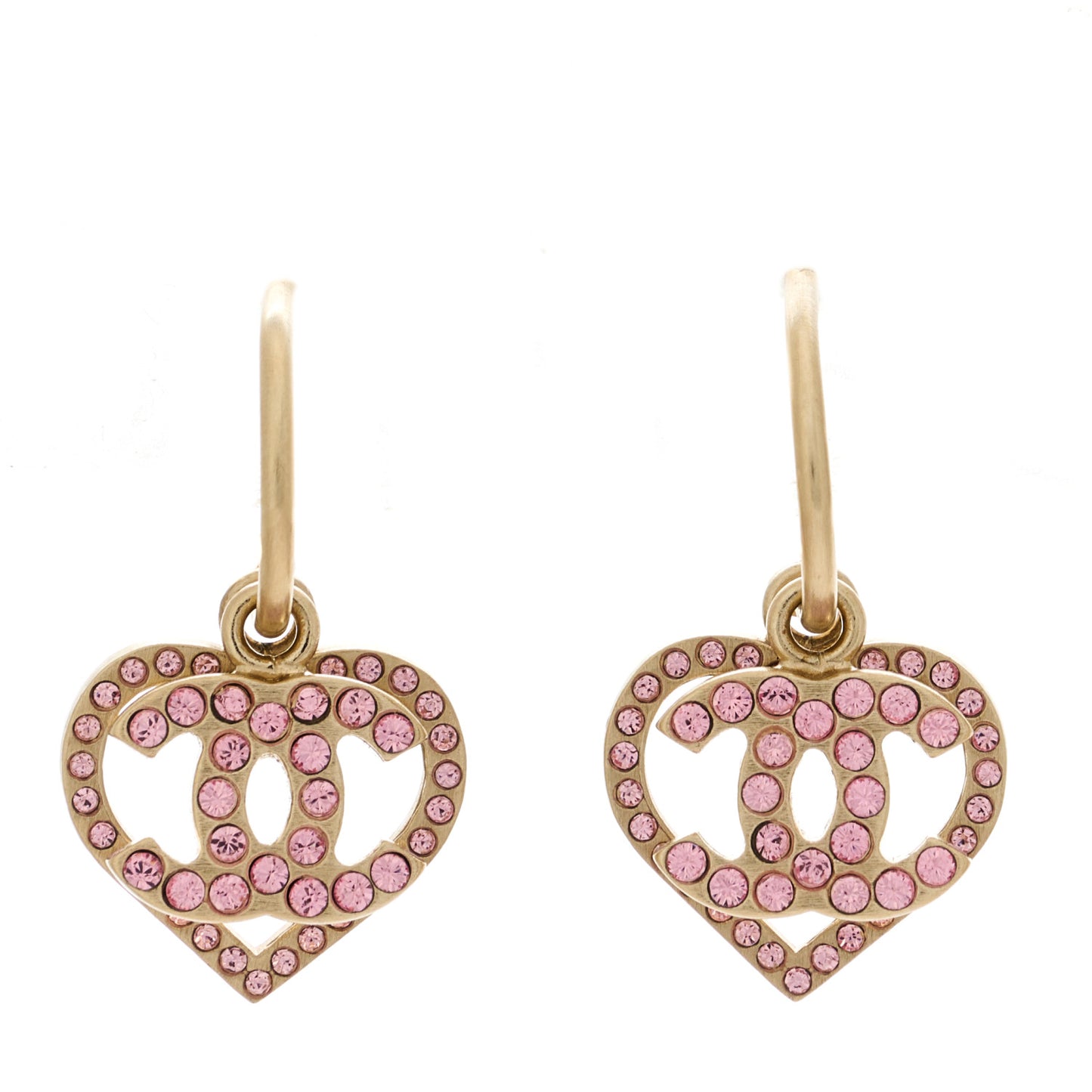 Metal Crystal Heart CC Drop Earrings Pink Gold
