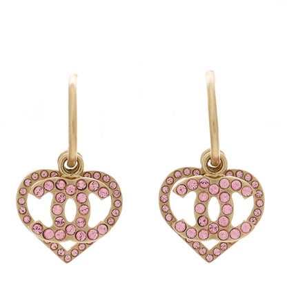 Chanel Metal Crystal Heart CC Drop Earrings Pink Gold 1 of 4
